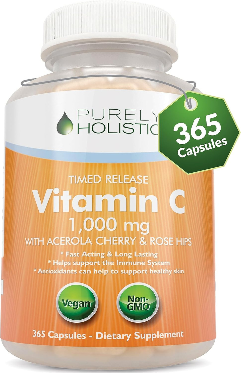 Purely Holistic Vitamin C 1000Mg, 365 Capsules, 12 Month Supply, 2 Stage Timed Release With Ascorbic Acid, Rosehip & Acerola Cherry Bioflavonoid, Immune System Support, Vegan