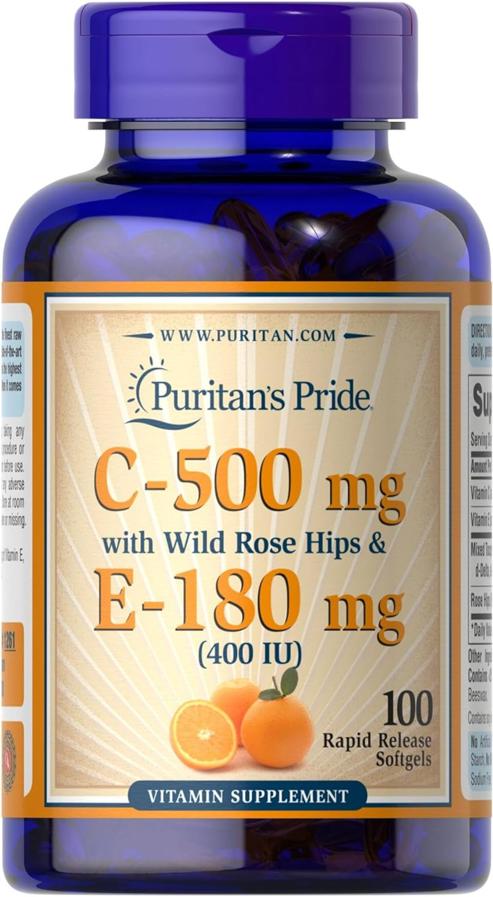 Puritan'S Pride Premium Vitamin C-500Mg With Rose Hips And Vitamin E-400, Vitamin Supplement For Antioxidant, Heart, Circulatory, And Immune System Support, 100 Rapid Release Softgels