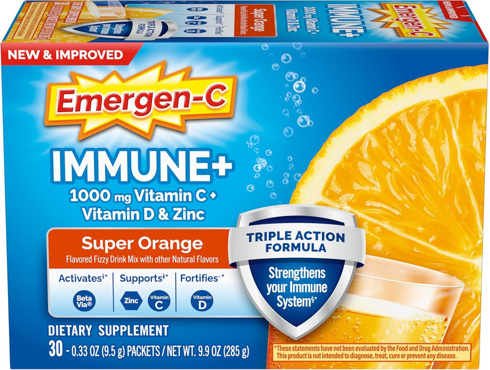 Emergen-C Immune+ Triple Action Immune Support Powder, Betavia (R), 1000Mg Vitamin C, B Vitamins, Vitamin D And Antioxidants, Super Orange  30 Count (Pack Of 1)
