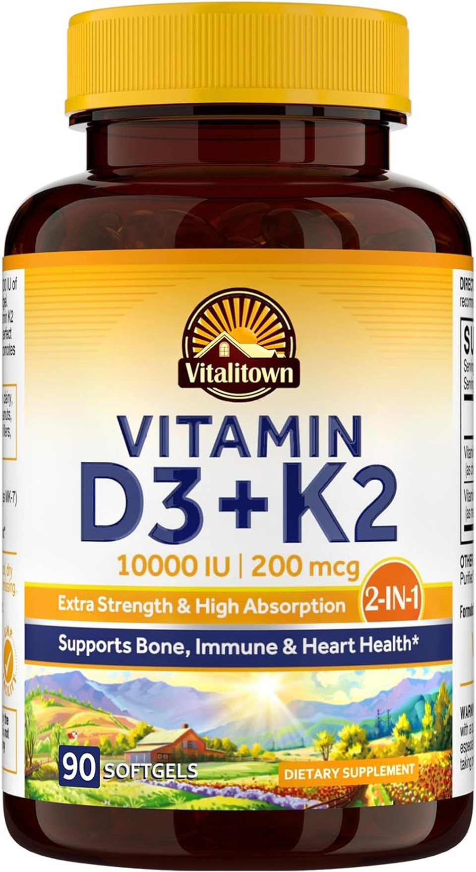 Vitalitown Vitamin D3 K2 Supplement, Vitamin D3 10000 Iu Vitamin K2 (Mk7) 200 Mcg, 90 Softgels, Non-Gmo, No Gluten & Soy, For Bone, Teeth, Immune, Heart & Muscle Health