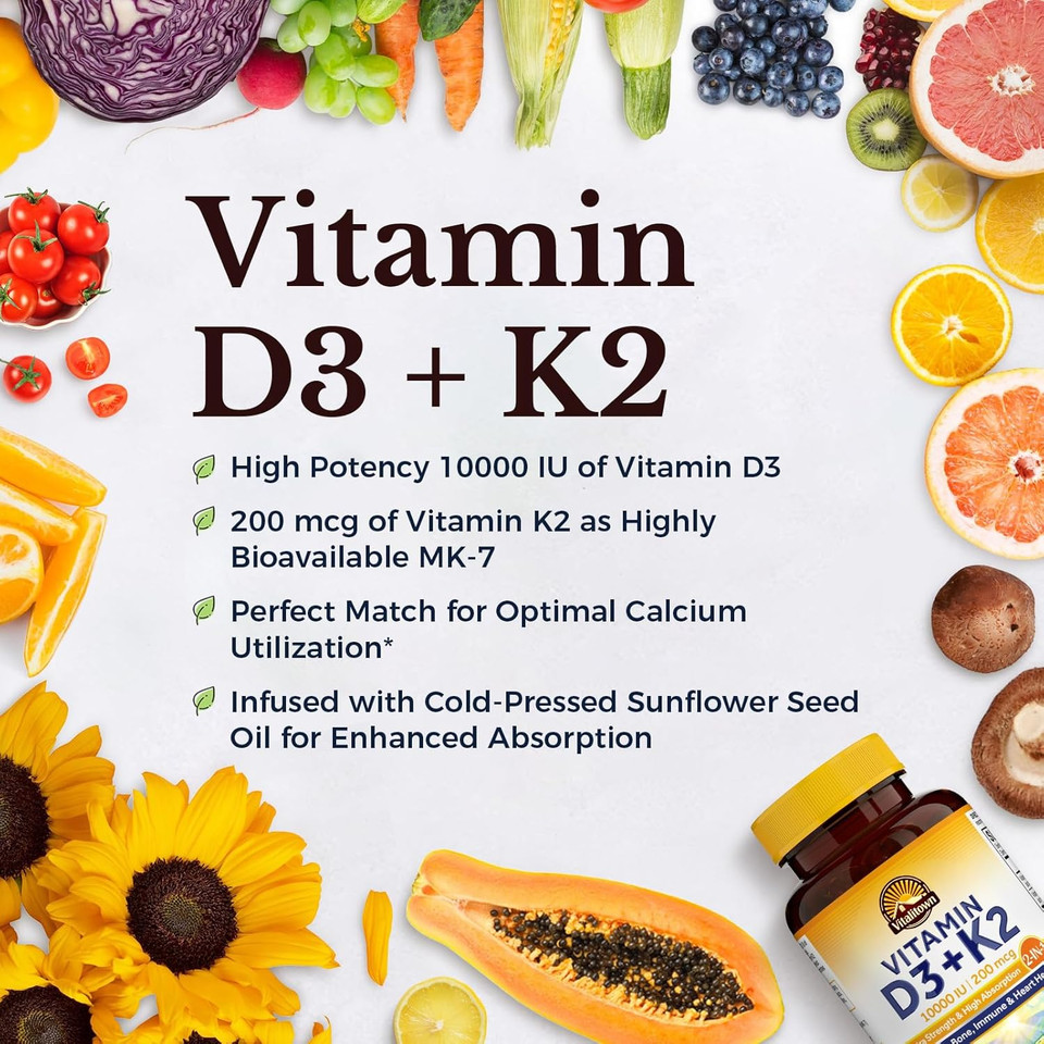 Vitalitown Vitamin D3 K2 Supplement, Vitamin D3 10000 Iu Vitamin K2 (Mk7) 200 Mcg, 90 Softgels, Non-Gmo, No Gluten & Soy, For Bone, Teeth, Immune, Heart & Muscle Health