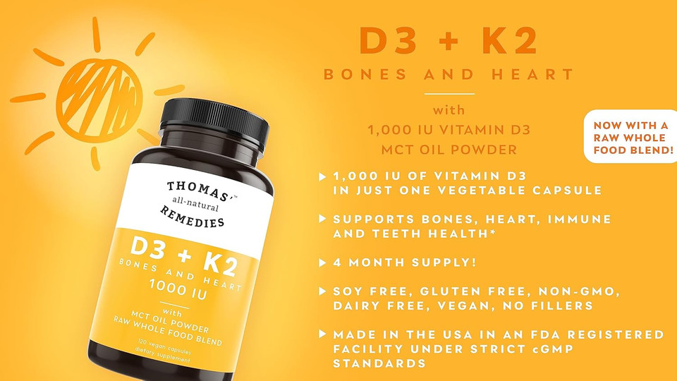 Thomas' All-Natural Remedies D3 + K2 With Mct Oil For Better Absorption & Raw Whole Food Blend, 1000 Iu D3, Vegan, Made In Usa, Support For Your Heart, Bones & Teeth, Non-Gmo (120Ct)