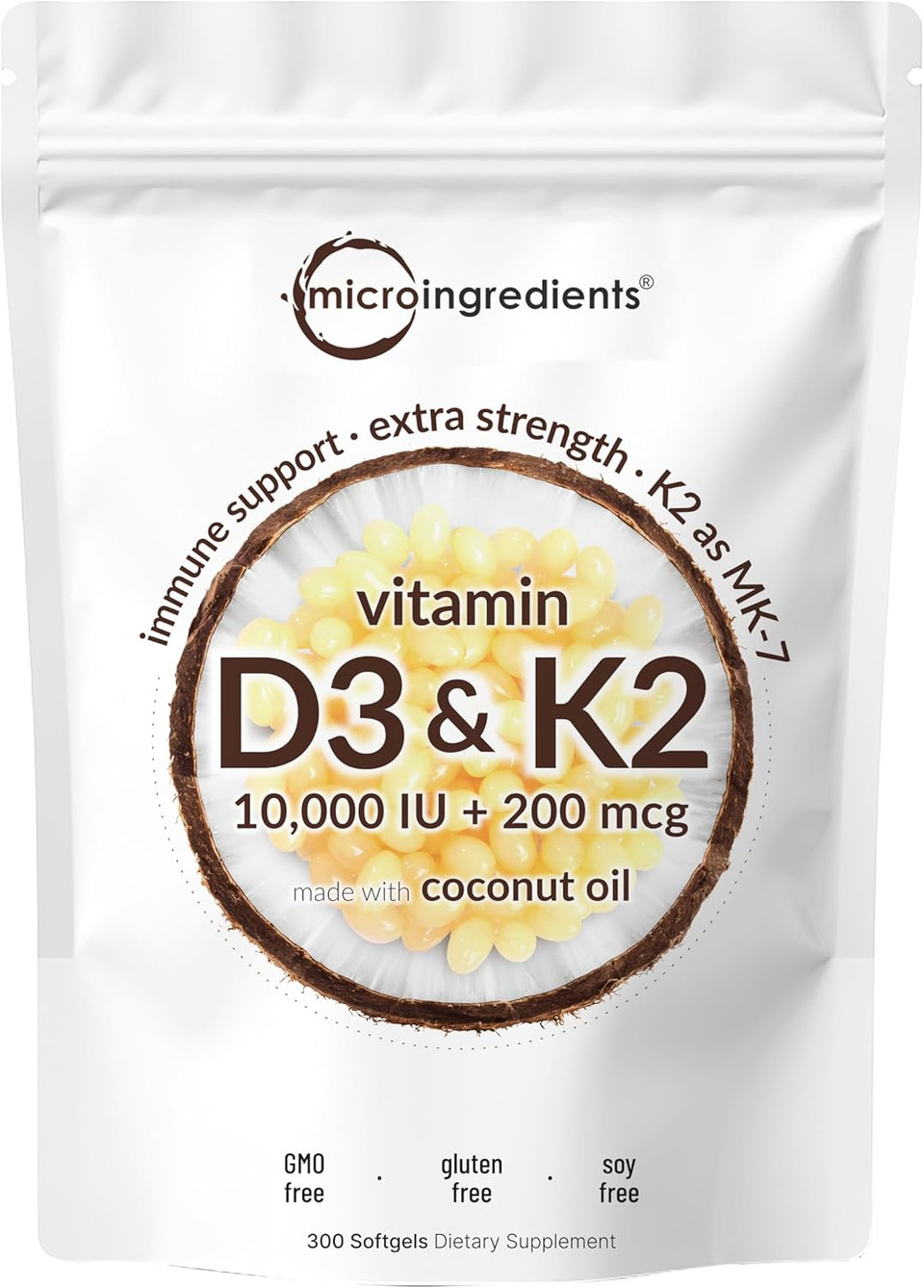 Micro Ingredients Vitamin D3 10,000Iu + K2 200Mcg Coconut Oil Softgels & Instant Colostrum Powder Bundle 2 Pack | Essential Sunshine Vitamins | Grass-Fed Bovine MotherâS First Milk