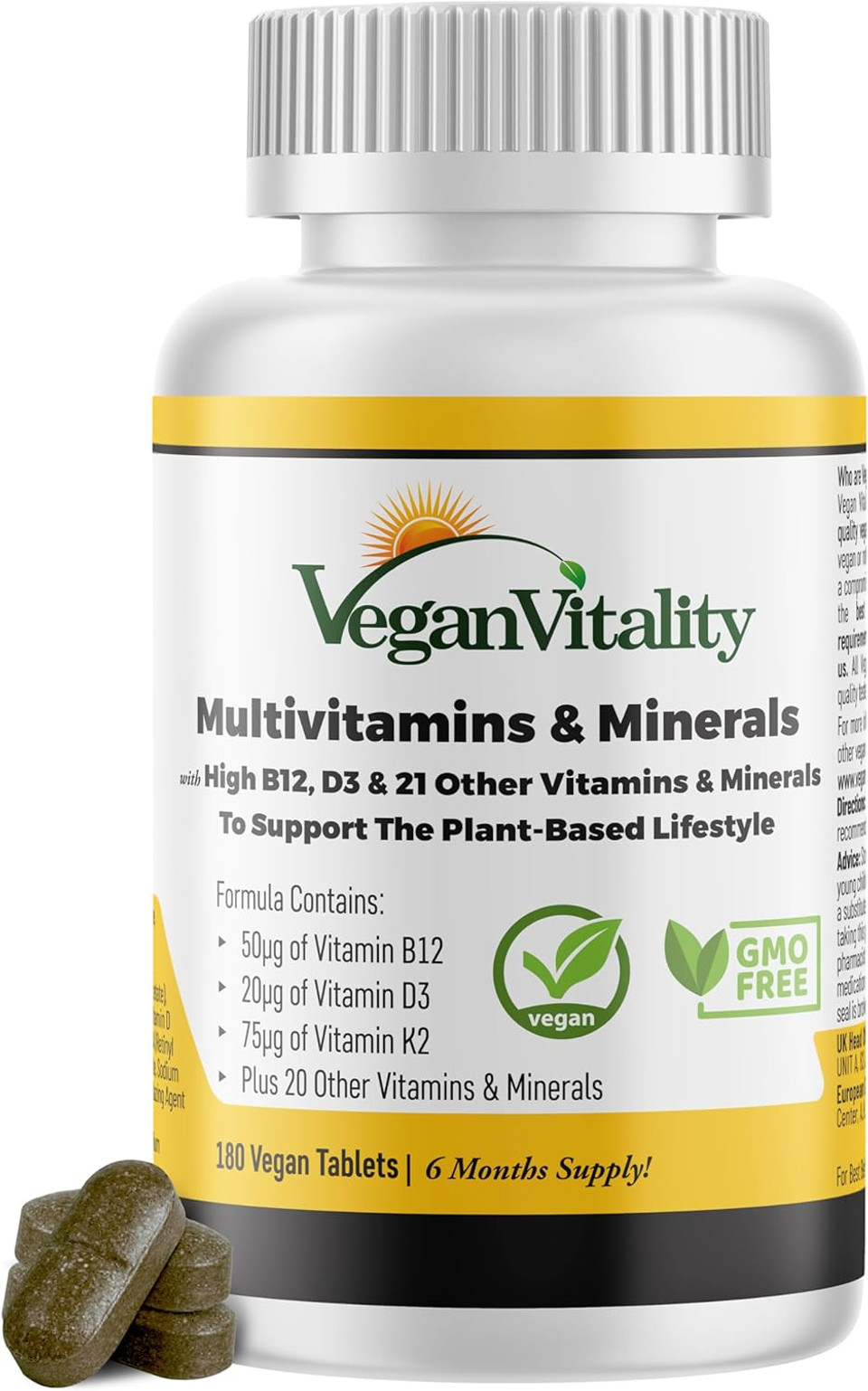 Vegan Vitality Multivitamins & Minerals For Women And Men With High Strength Vitamin B12, D3 & K2. 180 Vegan Multivitamin Tablets - 6 Months Supply. Vitamins For Vegans & Vegetarians
