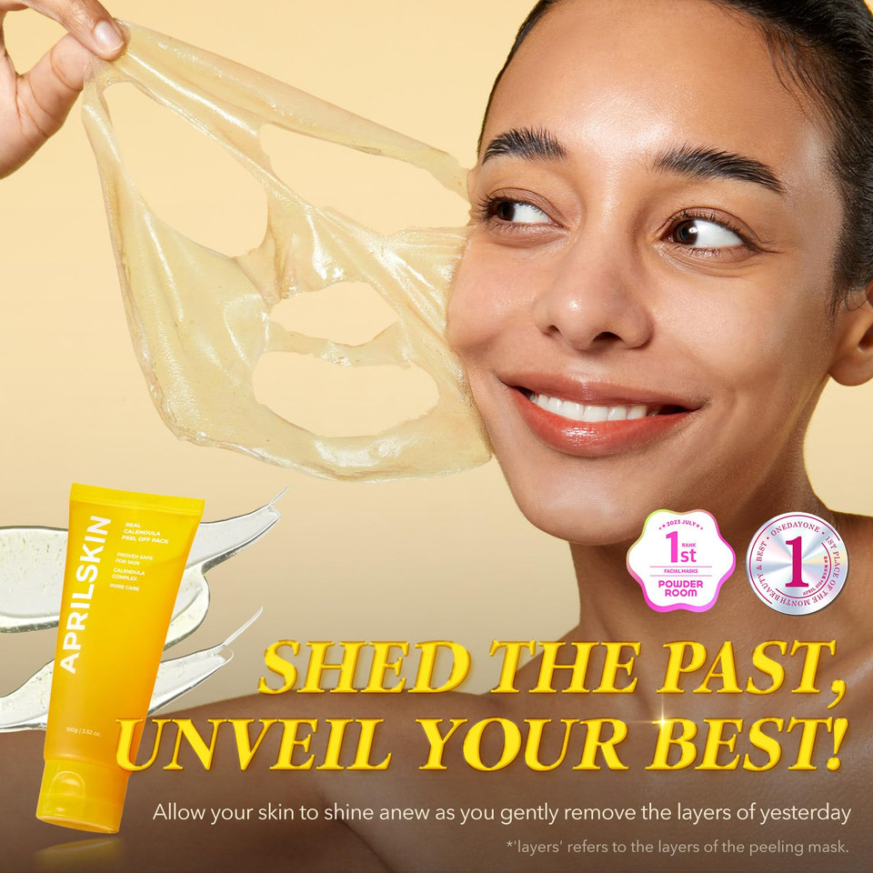 Image of APRILSKIN Calendula Flower-Infused Peel-Off Mask in a 3.52 fl. oz tube, featuring PHA, BHA, and Niacinamide for gentle exfoliation, impurity removal, and skin tone improvement. Infused with calendula flower extracts for a soothing and refreshing skincare experience.
