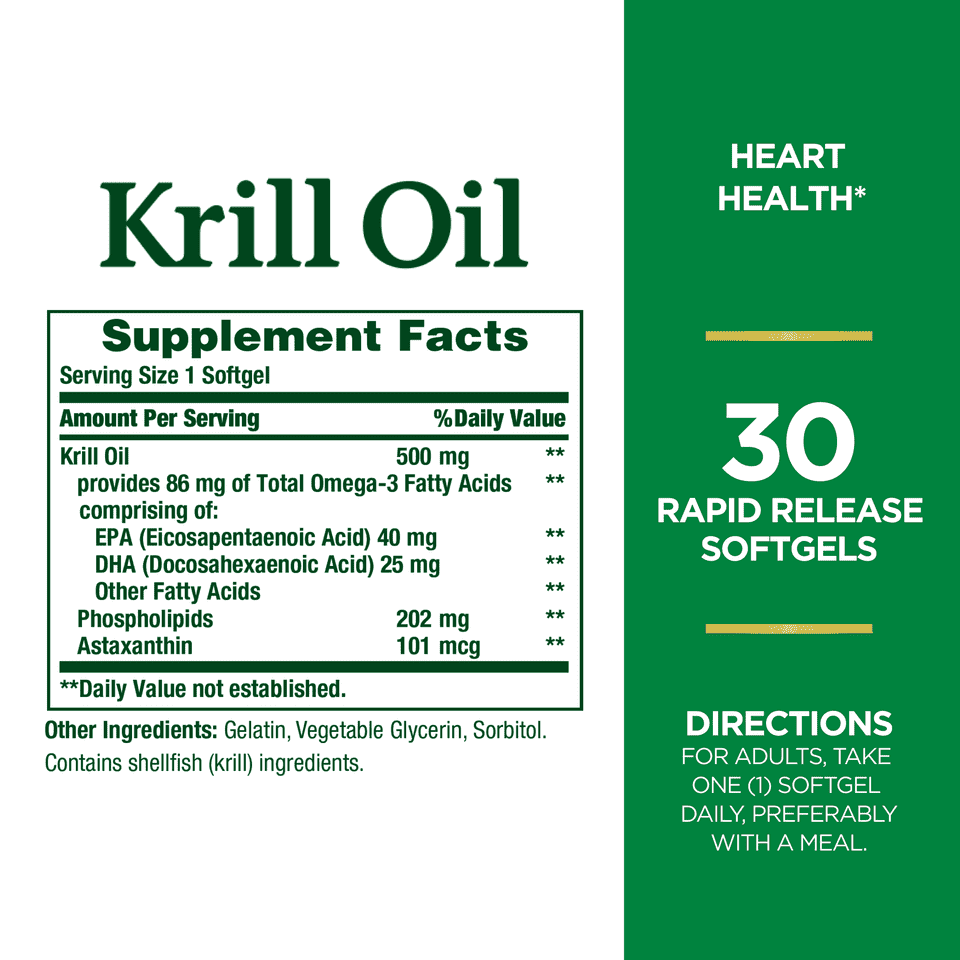 Nature's Bounty Krill Oil Softgels, Heart Health, 500 Mg, 30 Rapid Release Softgels