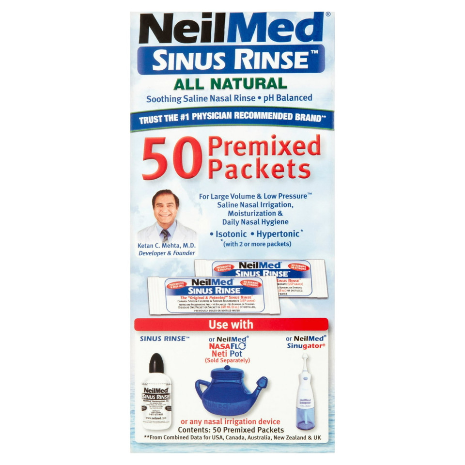 A box containing 50 individual premixed packets of NeilMed Sinus Rinse, designed for easy preparation of a saline nasal rinse solution.