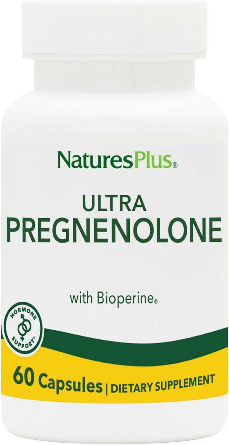 "Natures Plus Ultra Pregnenolone – 50 mg, 60 Vegetarian Capsules, with Bioperine, Gluten-Free."