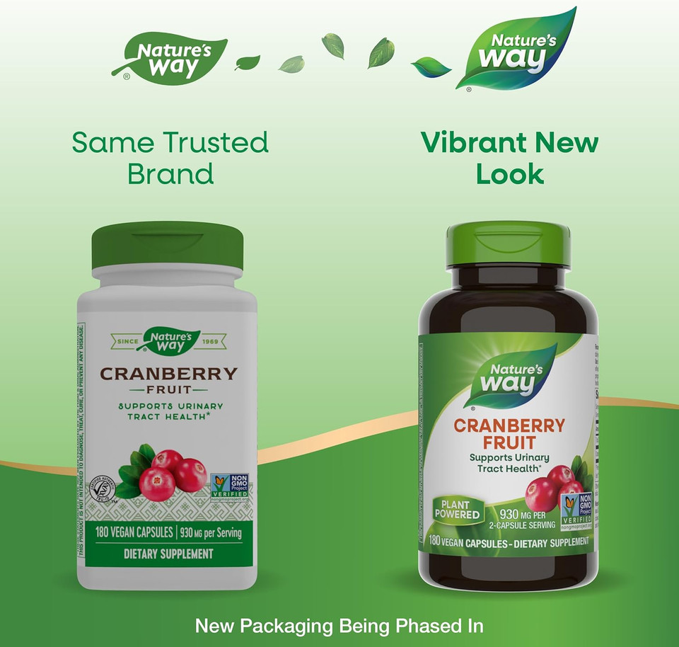 Nature's Way Cranberry Fruit, Supports Urinary Tract Health*, 930 mg per 2-Capsule Serving, 180 Capsules (Packaging May Vary)