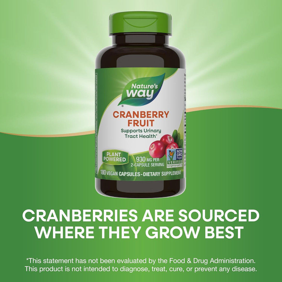 Nature's Way Cranberry Fruit, Supports Urinary Tract Health*, 930 mg per 2-Capsule Serving, 180 Capsules (Packaging May Vary)
