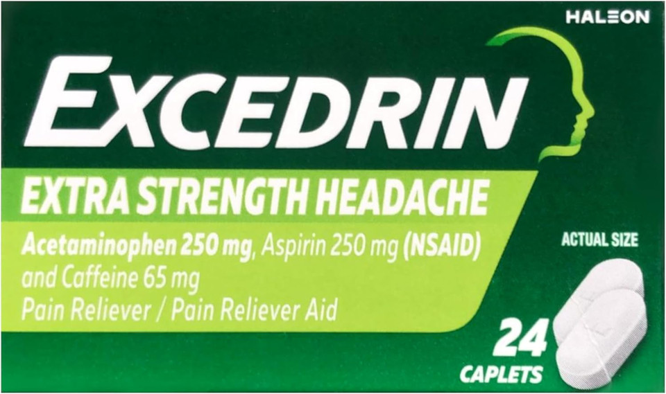 "Excedrin Extra Strength – 250 mg Acetaminophen, 250 mg Aspirin, 65 mg Caffeine per Caplet, 100 Count."