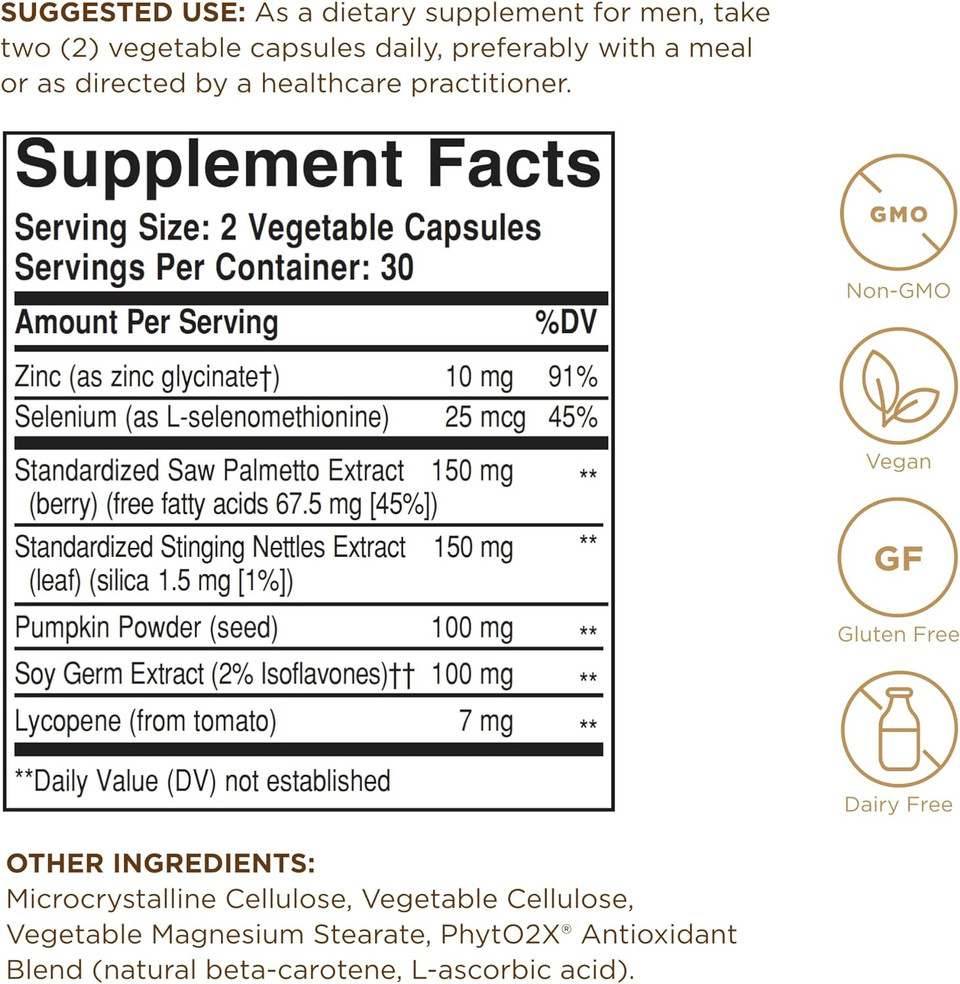 Solgar Prostate Support - 60 Vegetable Capsules - Non-Gmo, Vegan, Gluten Free & Dairy Free - 30 Servings
