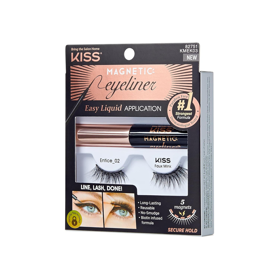Kiss Magnetic Eyeliner False Eyelashes, Entice', 12 Mm, Includes 1 Pair Of Magnetic Lashes, Magnetic Lash Eyeliner, Contact Lens Friendly, Easy To Apply, Reusable Strip Lashesblack