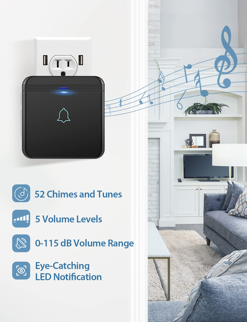 AVANTEK D-3B Waterproof Chime Kit Wireless Doorbell Operating at Over 1300 Feet with 2 Plug-in Receivers, CD Quality Sound and LED Flash, 52 Melodies to Choose From