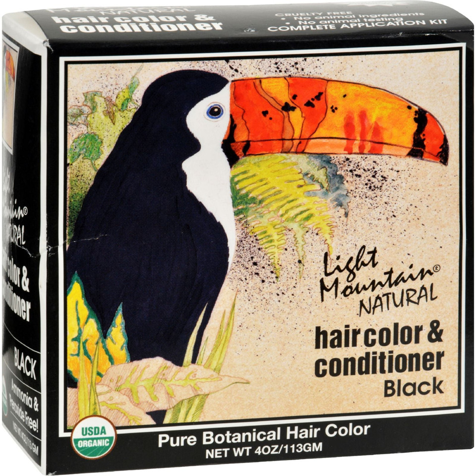 A 4 oz box of Light Mountain Natural Hair Color and Conditioner in Black, featuring vibrant packaging that highlights its 100% natural, chemical-free formulation and USDA organic certification.