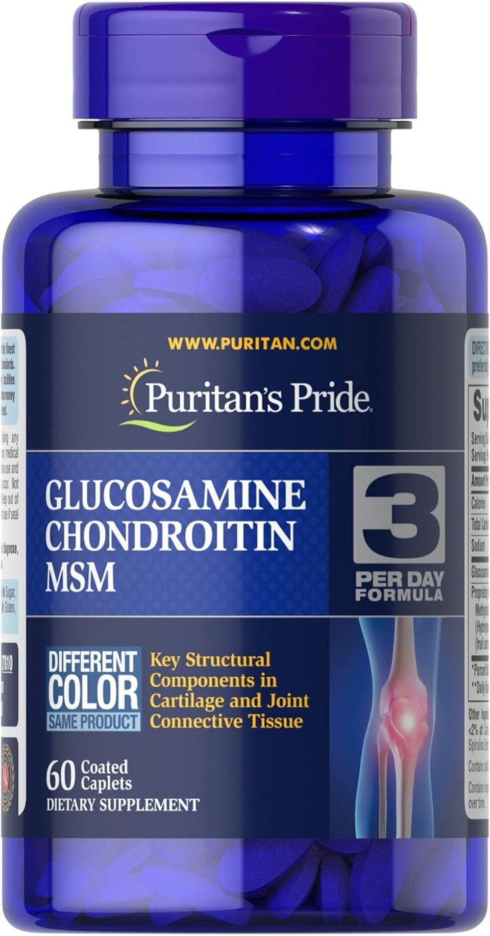 A bottle of Puritan's Pride Double Strength Joint Soother containing 60 coated caplets, highlighting its Glucosamine, Chondroitin, and MSM content for joint support.