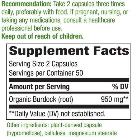 Nature'S Way Burdock Root 475 Milligrams Per Capsules, 100 Vegetarian Capsules. Pack Of 3 Bottles.
