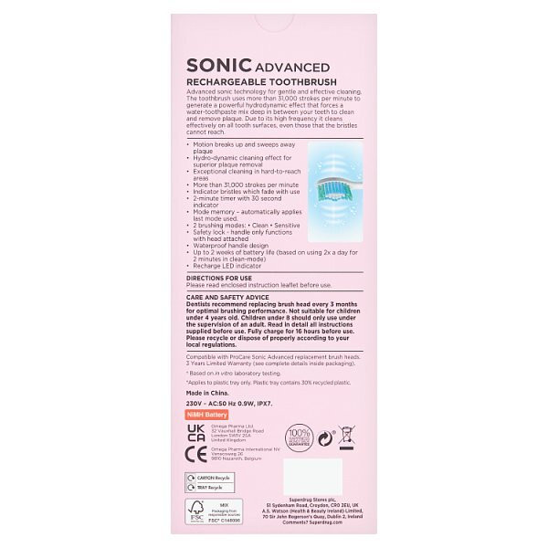 Procare Sonic Rechargeable Electric Toothbrush Pink