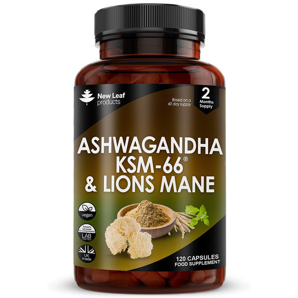 New Leaf Ashwagandha Ksm-66 & Lions Mane 120 Capsules 2000Mg
