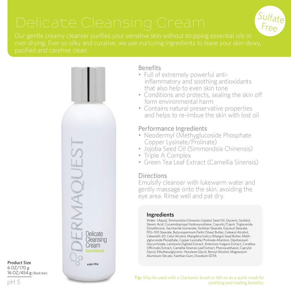 Dermaquest Sensitized Delicate Cleansing Cream - Gentle Facial Cleanser Face Wash - Infused With Green Tea Extract & Jojoba Oil - For Sensitive, Extremely Dry Skin Types (6Oz)