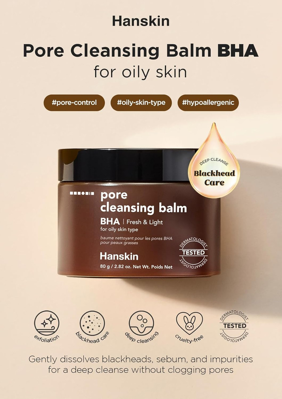 Hanskin Bha Pore Cleansing Balm, Gentle Blackhead Cleanser And Makeup Remover For Combination And Oily Skin [Bha/2.82 Oz]