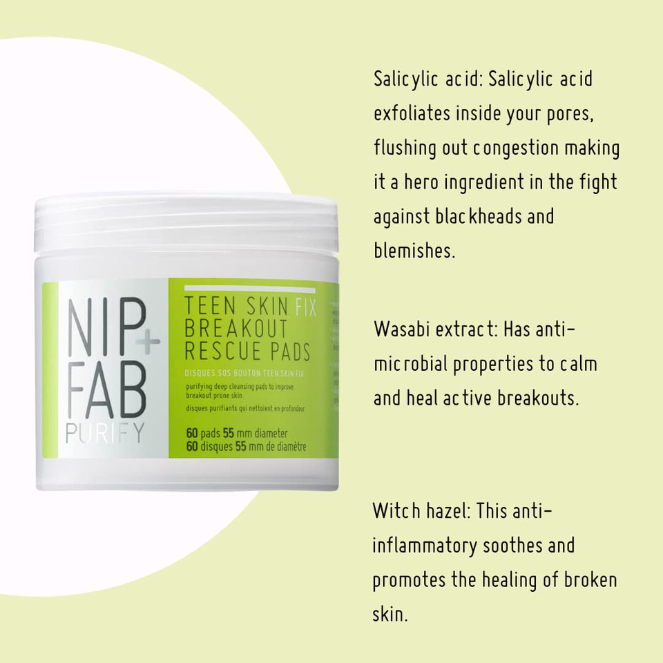 Nip + Fab Teen Skin Fix Zero Breakout Rescue Face Pads with Salicylic Acid, Witch Hazel and Antioxidant Wasabi Extract, BHA Facial Pad for Cleansing Pores Prevent Breakouts Blemishes, 60 Count