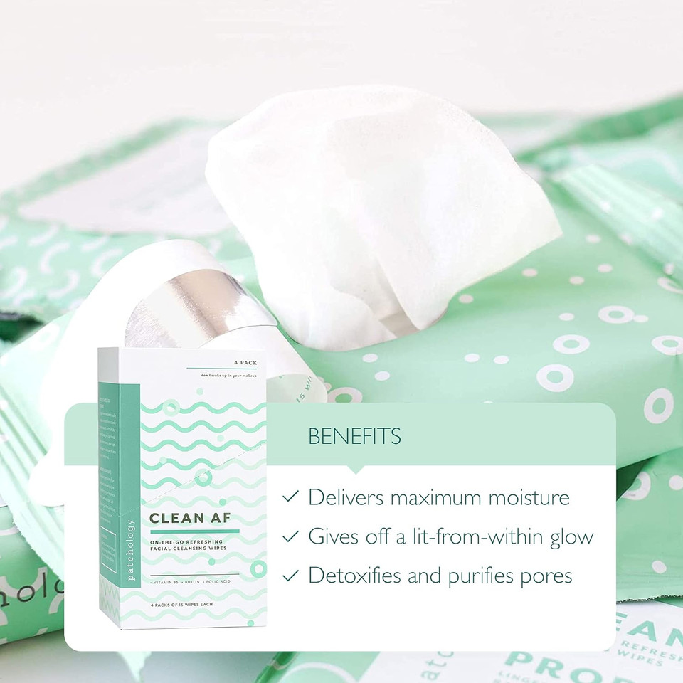 Patchology Clean Af Facial Cleansing Wipes - On-The-Go Refreshing Travel Size Face Wipes For Removing Dirt And Oil - Makeup Remover Wipes For Sensitive And Oily Skin (1 Pack/60 Count)