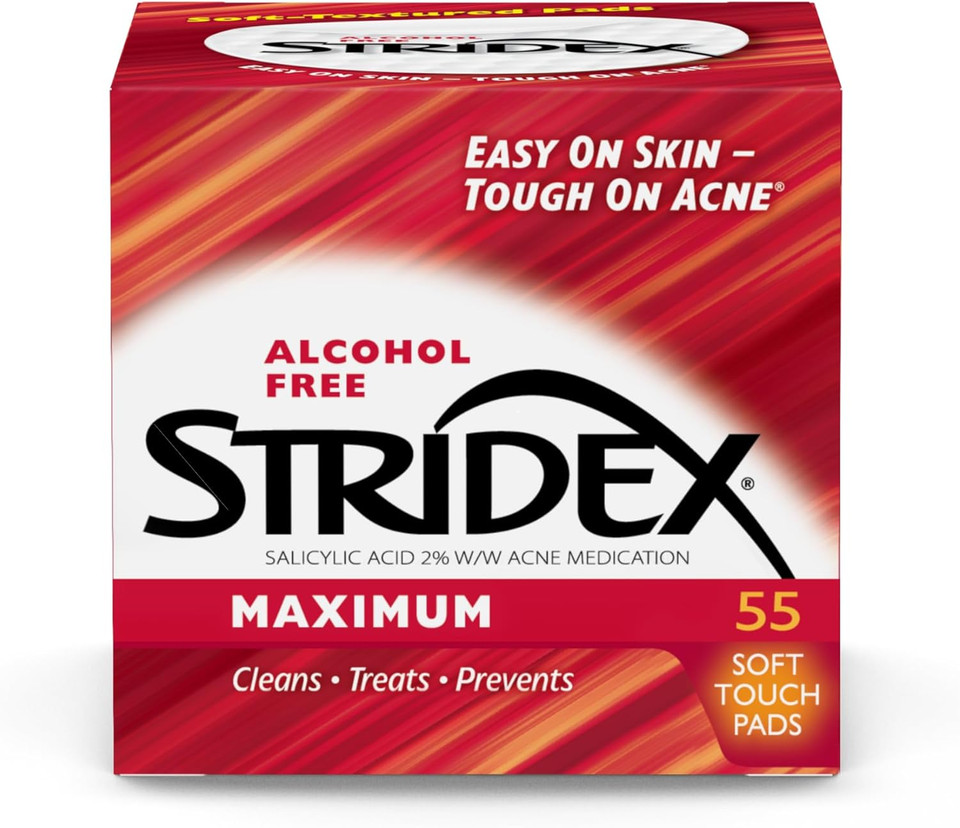 Stridex Medicated Acne Pads, Maximum, 55 Count  Facial Cleansing Wipes, Alcohol Free, Acne Treatment For Face, For Moderate Acne, Smooth Application