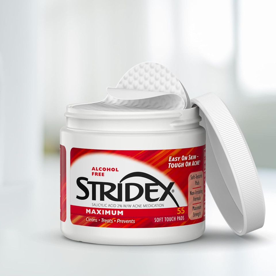 Stridex Medicated Acne Pads, Maximum, 55 Count  Facial Cleansing Wipes, Alcohol Free, Acne Treatment For Face, For Moderate Acne, Smooth Application
