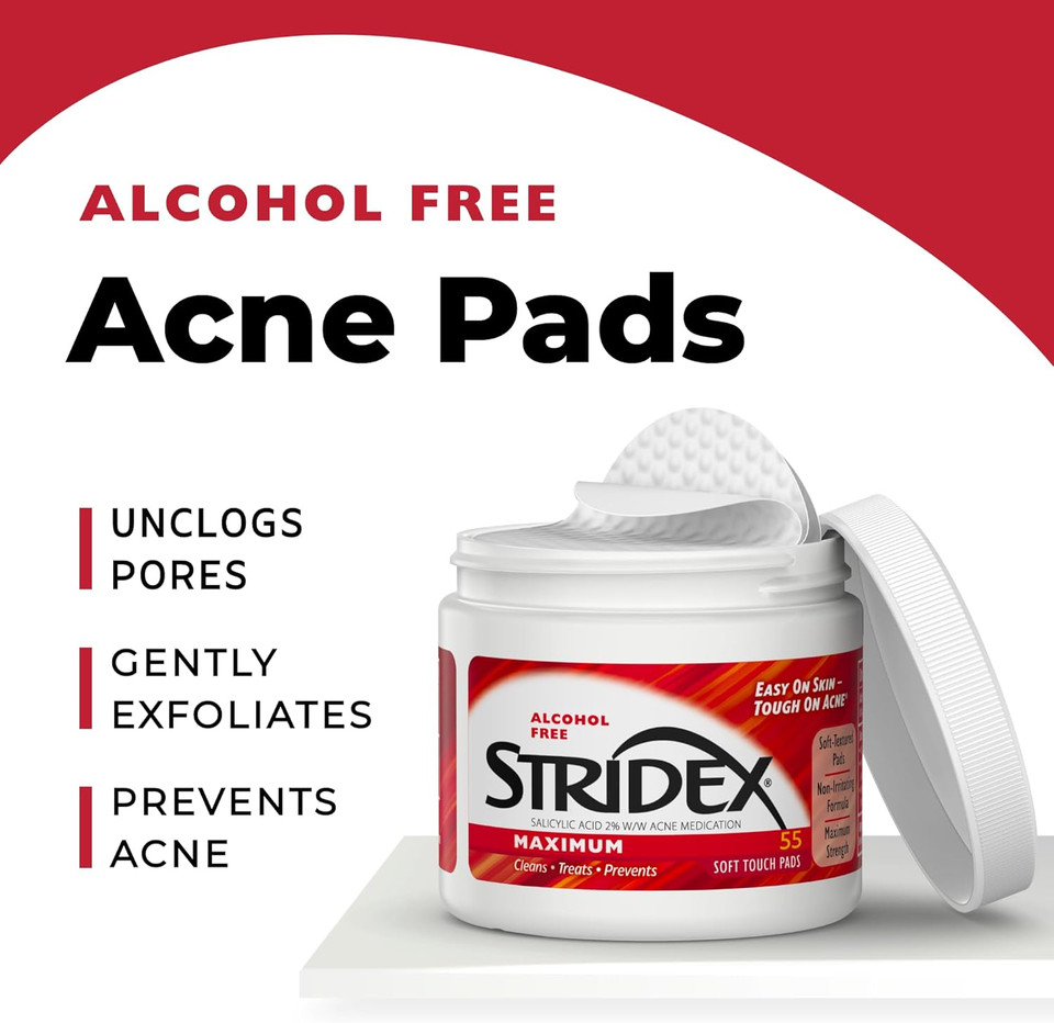 Stridex Medicated Acne Pads, Maximum, 55 Count  Facial Cleansing Wipes, Alcohol Free, Acne Treatment For Face, For Moderate Acne, Smooth Application