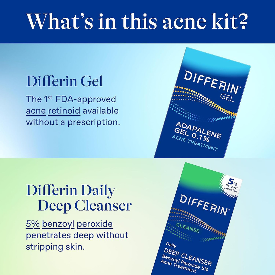 Differin Acne Skin Care Kit, Differin Gel Retinoid Acne Treatment For Face With 0.1% Adapalene & 5% Benzoyl Peroxide Face Wash & Body Wash, Designed For Pimple And Acne Prone Skin Differin Acne Skin Care Kit, Differin Gel Retinoid Acne Treatment For Face With 0.1% Adapalene & 5% Benzoyl Peroxide Face Wash & Body Wash, Designed For Pimple And Acne Prone Skin