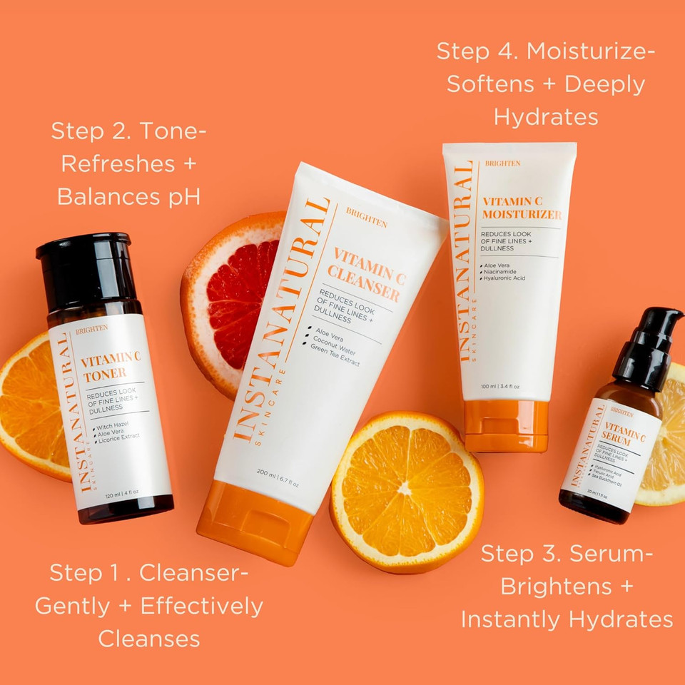 Instanatural Vitamin C Four Step Skin Care Kit, Brightens, Hydrates, Prevents Signs Of Aging, Face Wash, Toner, Serum And Moisturizer, With Botanical Extracts