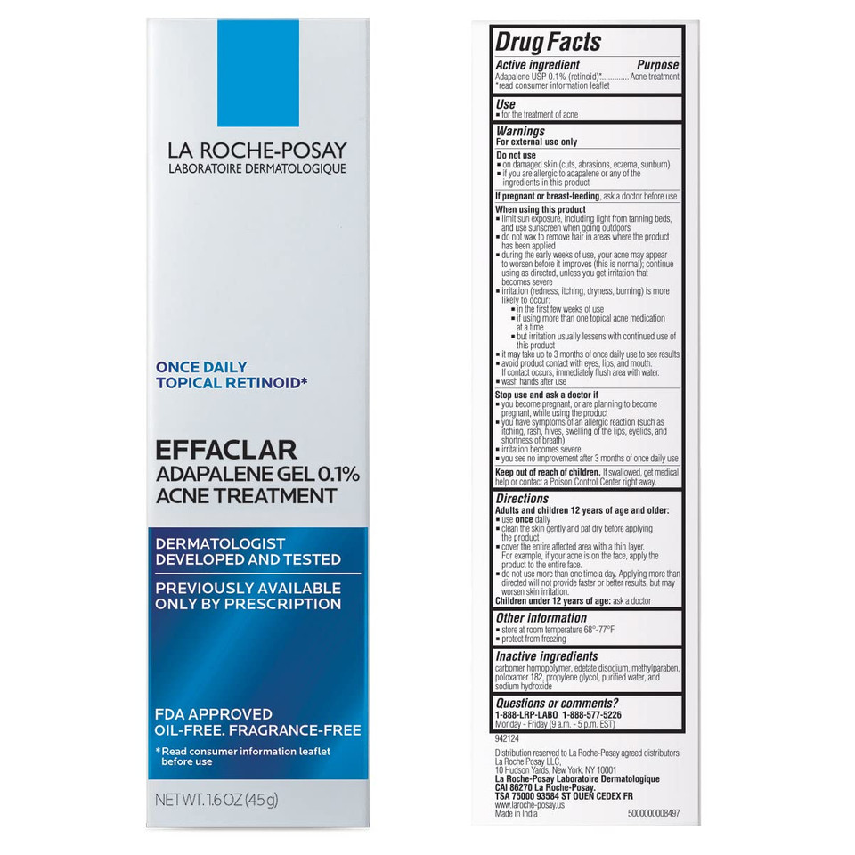 La Roche-Posay Effaclar Adapalene Gel 0.1% Acne Treatment, Prescription-Strength Topical Retinoid Cream For Face, Helps Clear And Prevent Acne And Clogged Pores