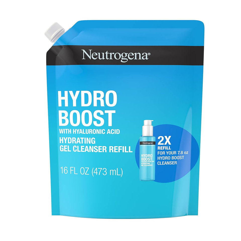 Neutrogena Hydro Boost Lightweight Hydrating Facial Cleansing Gel, Gentle Face Wash & Makeup Remover With Hyaluronic Acid, Hypoallergenic & Non Comedogenic, Refill Pouch, 16 Fl. Oz