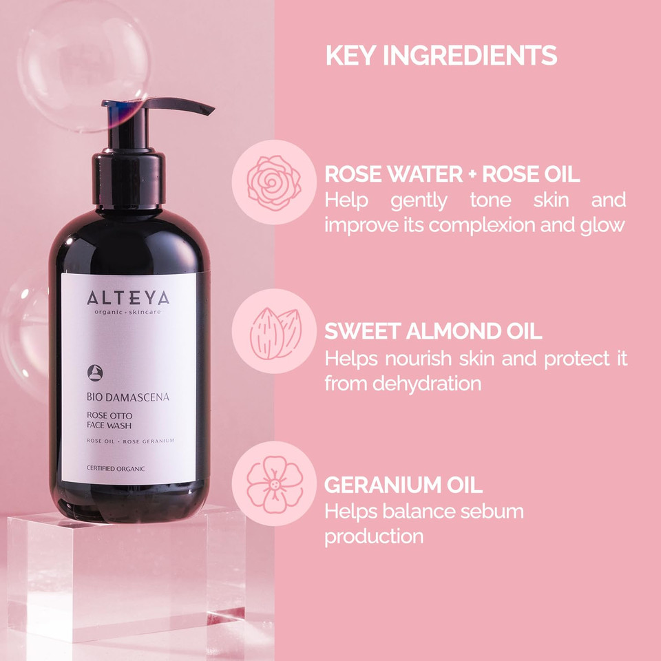 Alteya Organics Face Wash Usda Certified Organic Skin Care 8.5 Fl Oz/250 Ml Bio Damascena Award-Winning Face Cleanser With Organic Bulgarian Rose Oil Purifying, Soothing And Beautifying