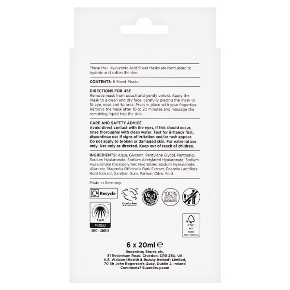 Me+ Hyaluronic Acid Sheet Mask 6Pk