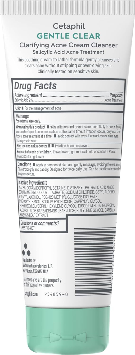 Cetaphil Acne Face Wash, Gentle Clear Clarifying Acne Cream Cleanser With 2% Salicylic Acid, Deep Cleans & Treats Acne Prone Skin, Skin Care For Sensitive Skin, 4.2Oz