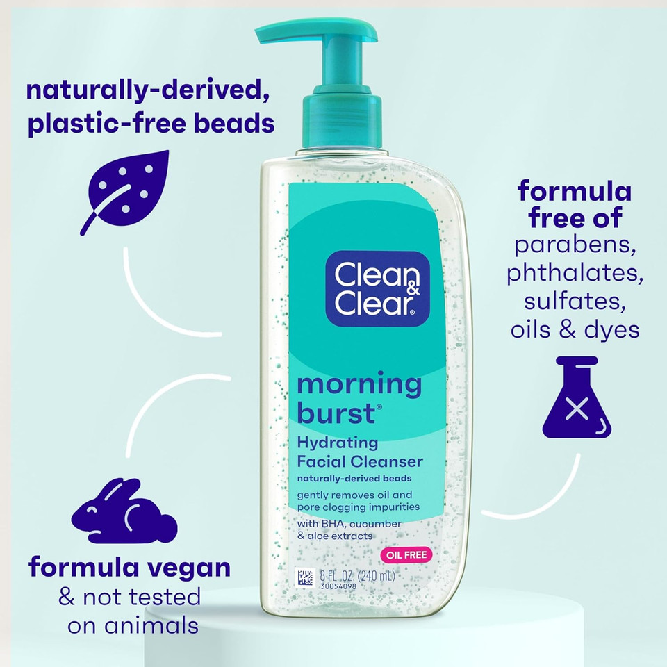 Clean & Clear Morning Burst Oil-Free Hydrating Facial Cleanser With Bha, Cucumber & Aloe Extracts, Face Wash Gently Removes Oil & Pore Clogging Impurities, 8 Fl. Oz