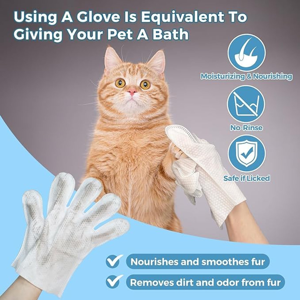 Pet Bathing Gloves for Dogs & Cats-Cleaning & Deodorizing Grooming Gloves, Nourish Fur Glove Wipes for Daily Care and Traveling, Rinse Free, Unscented, 6 PCS