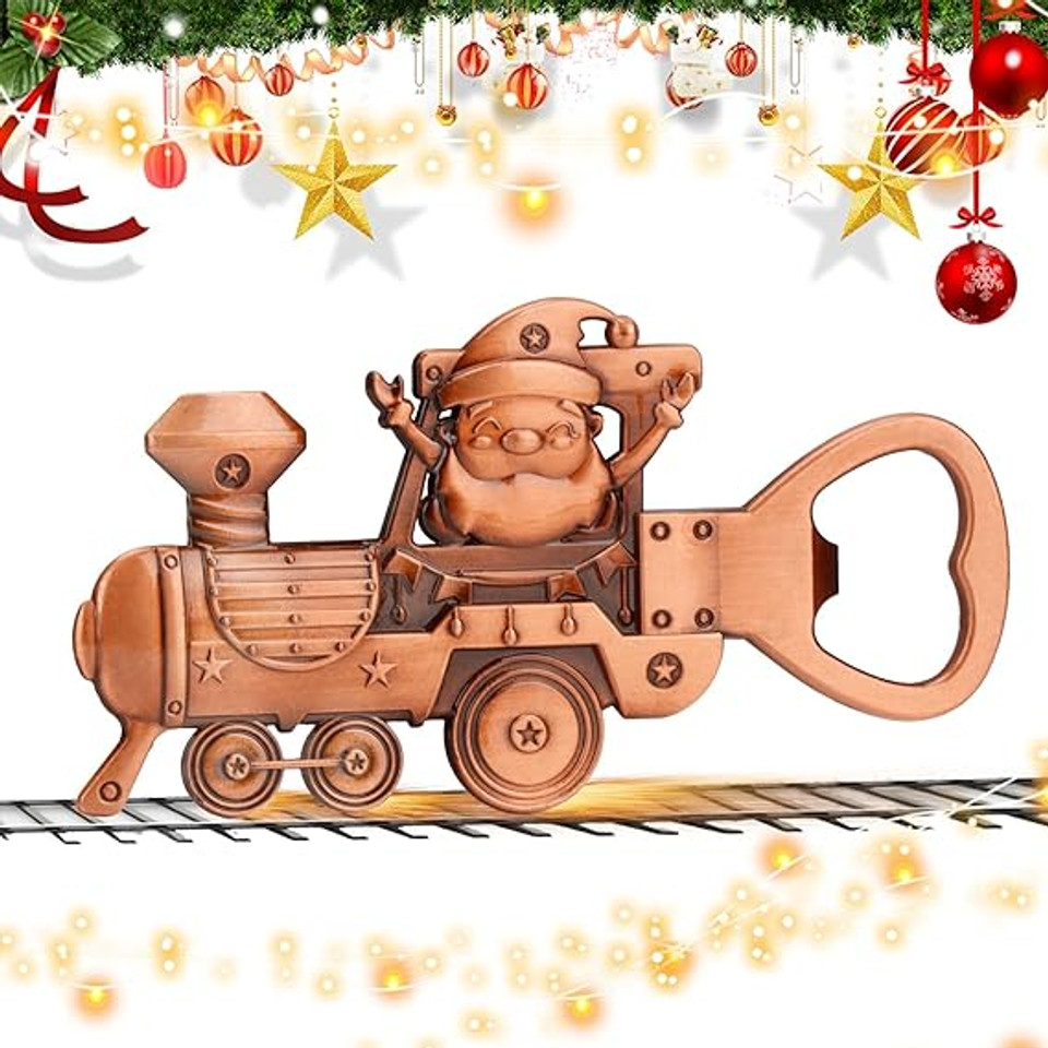 Bronze Christmas train-shaped bottle opener with a festive Santa design, doubles as a fridge magnet and unique party gift ornament for Christmas and birthdays. Bronze Christmas train-shaped bottle opener with a festive Santa design, doubles as a fridge magnet and unique party gift ornament for Christmas and birthdays.