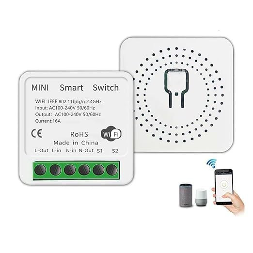 A sleek, white smart light switch with a minimalist design, featuring LED indicators and compatibility logos for Alexa and Google Assistant.