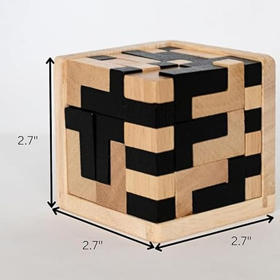 Wooden Brain Teaser Puzzle Cube – 3D T&L Shaped Tetris Blocks | Geometric Intellectual Jigsaw Educational Toy for Kids & Adults | Mind-Challenging Wooden Puzzle Game