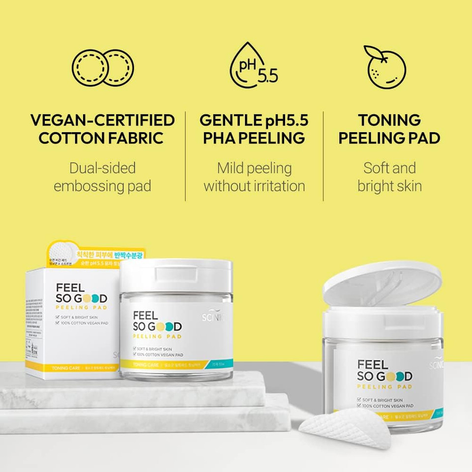 Scinic Feel So Good Peeling Pad [ Toning Care] 70 Pcs | For Dull & Dry Skin | Vegan-Certified Cotton Fabric | Mild Peeling Without Irritation | Gentle Ph 5.5 Pha Peeing | 100% Vegan | K-Beauty