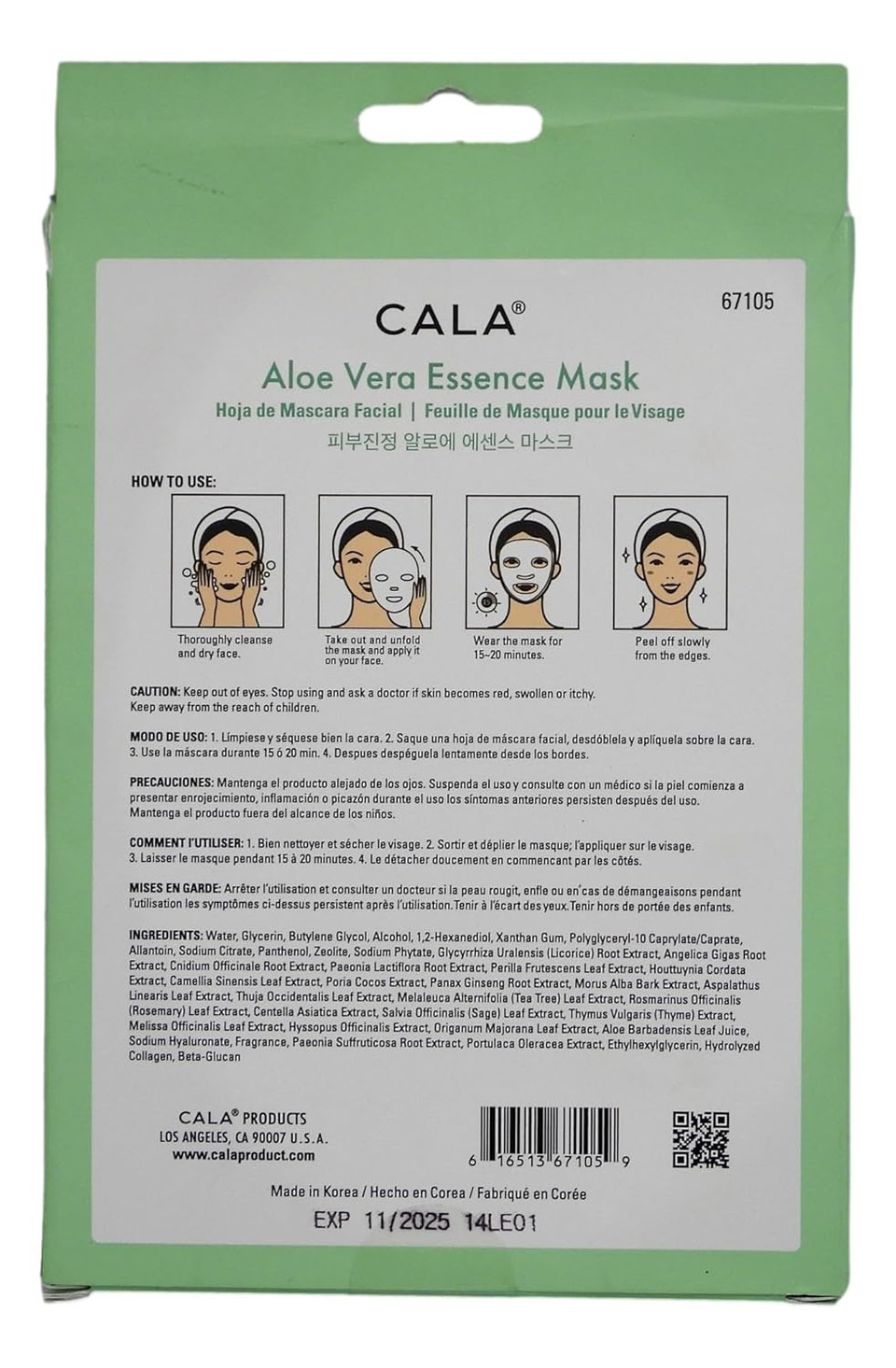 Cala Aloe Vera Essence Facial Mask Sheets 5 Count, 5 Count