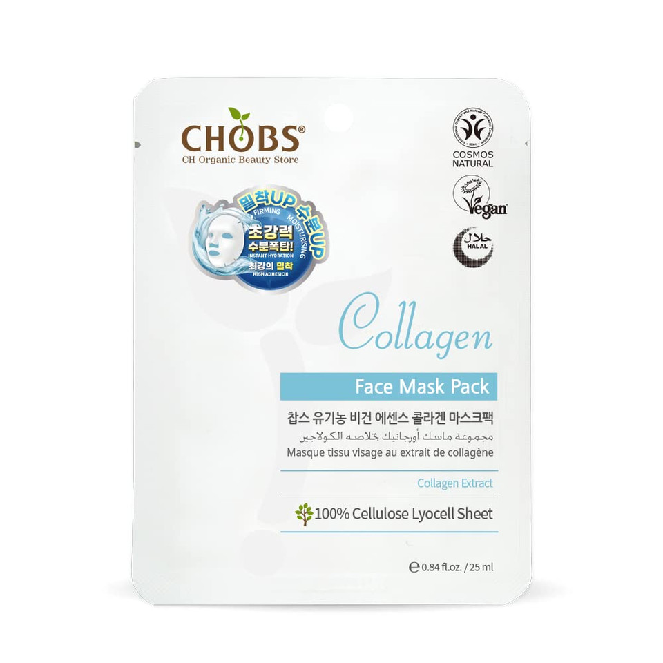 Chobs Essence Collagen Face Mask Pack , Vegetable Collagen Extracted From Soybean, Organic Herb Extracts, Skin-Friendly, Moisture-Rich, Cellulose Lyocell Sheet, For Sensitive Skin, K-Beauty, No Cruelty, Bdih/Vegan/Halal Certified, 0.84 Oz(Pack Of 1)