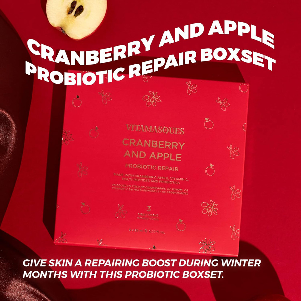 Cranberry And Apple Face Sheet Mask By Vitamasques - Probiotic Repair Korean Face Mask Holiday Boxset With Premium Extracts Repairs & Boosts Skin - Natural & Biodegradable - Vegan, Free From Parabens & Glutencranberry And Apple