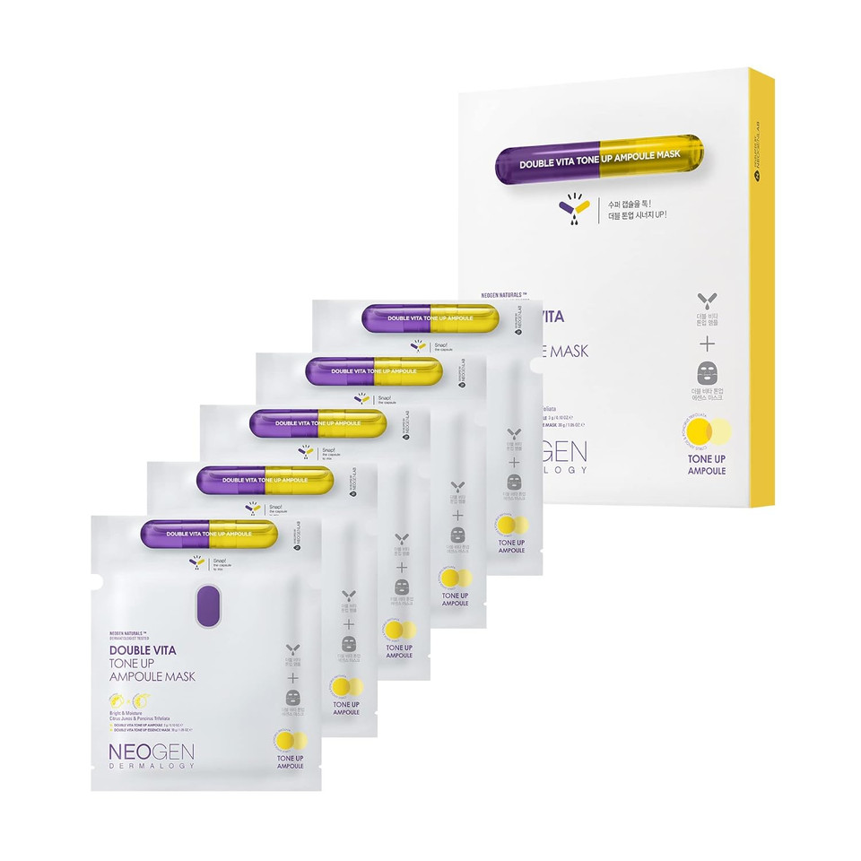 Dermalogy By Neogenlab Double Vitamin C Tone Up Ampoule Mask 5 Sheets - Korean Skin Care - Anti-Aging, Hydrating Mask For Wrinkle-Free Glowing Skin 30G / 1.05 Oz