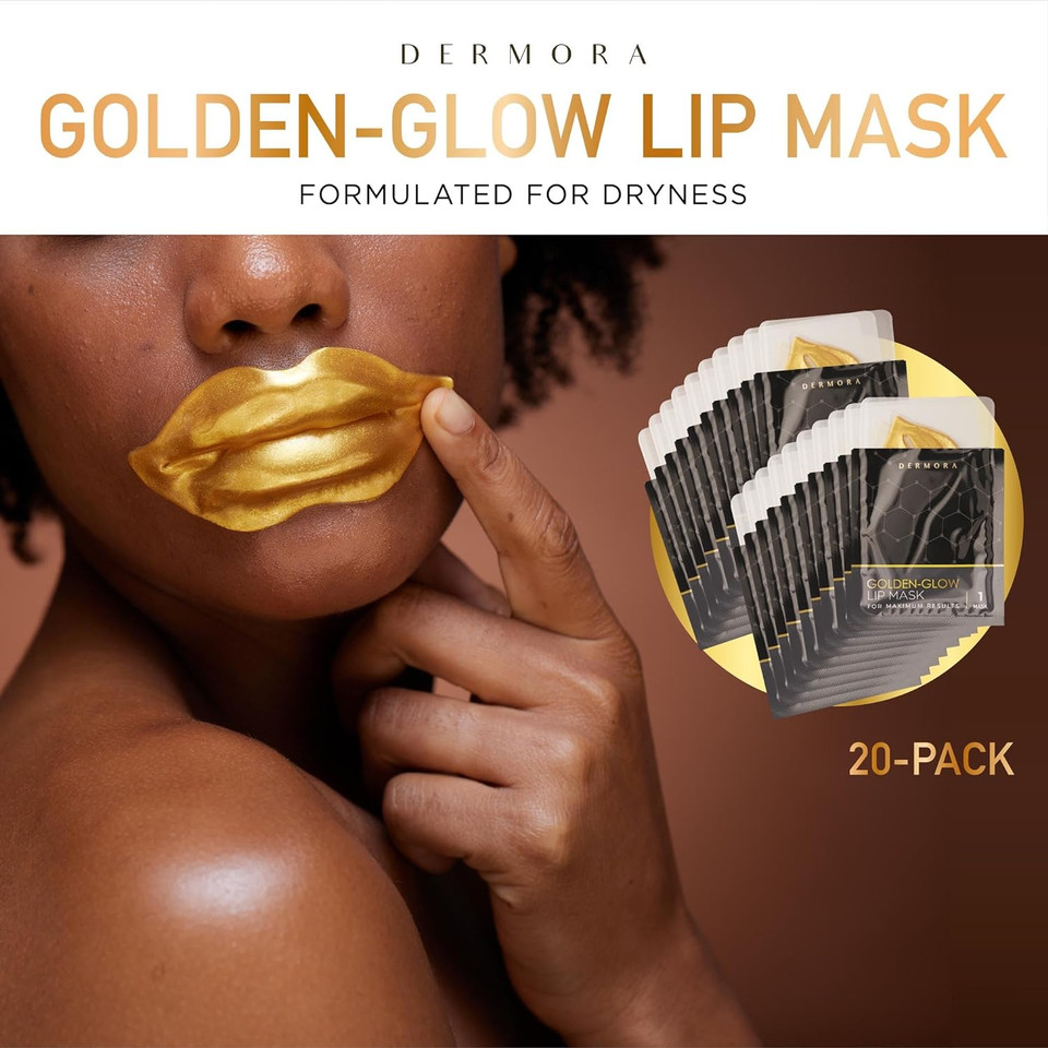 Dermora Skin Treatment Mask Golden Glow Lip Mask - 20 Pack Lip Gel Masks - Rejuvenating Lip Masks For Lines, Wrinkles, Tightening, Firming