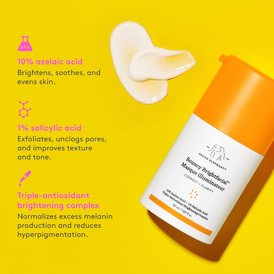 Drunk Elephant Bouncy Brightfacial Leave-On Face Mask With Azelaic Acid And Salicylic Acid To Correct And Clarify Skin (50Ml / 1.69 Fl Oz)
