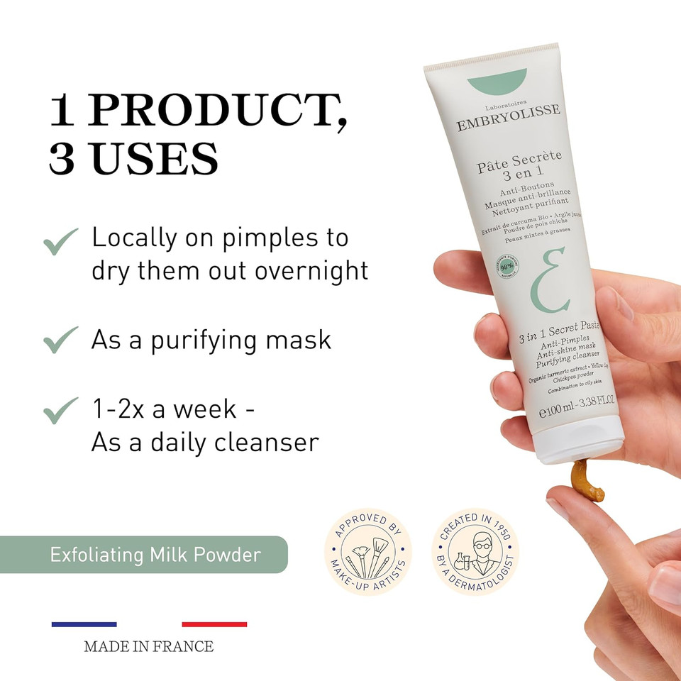 Embryolisse 3 In 1 Anti-Pimples & Acne Treatment - Multipurpose Clay Mask To Control And Clear Breakouts - For Oily To Combination Skin, Paraben Free, Oil Free & Non-Comedogenic, 3.38 Fl Oz